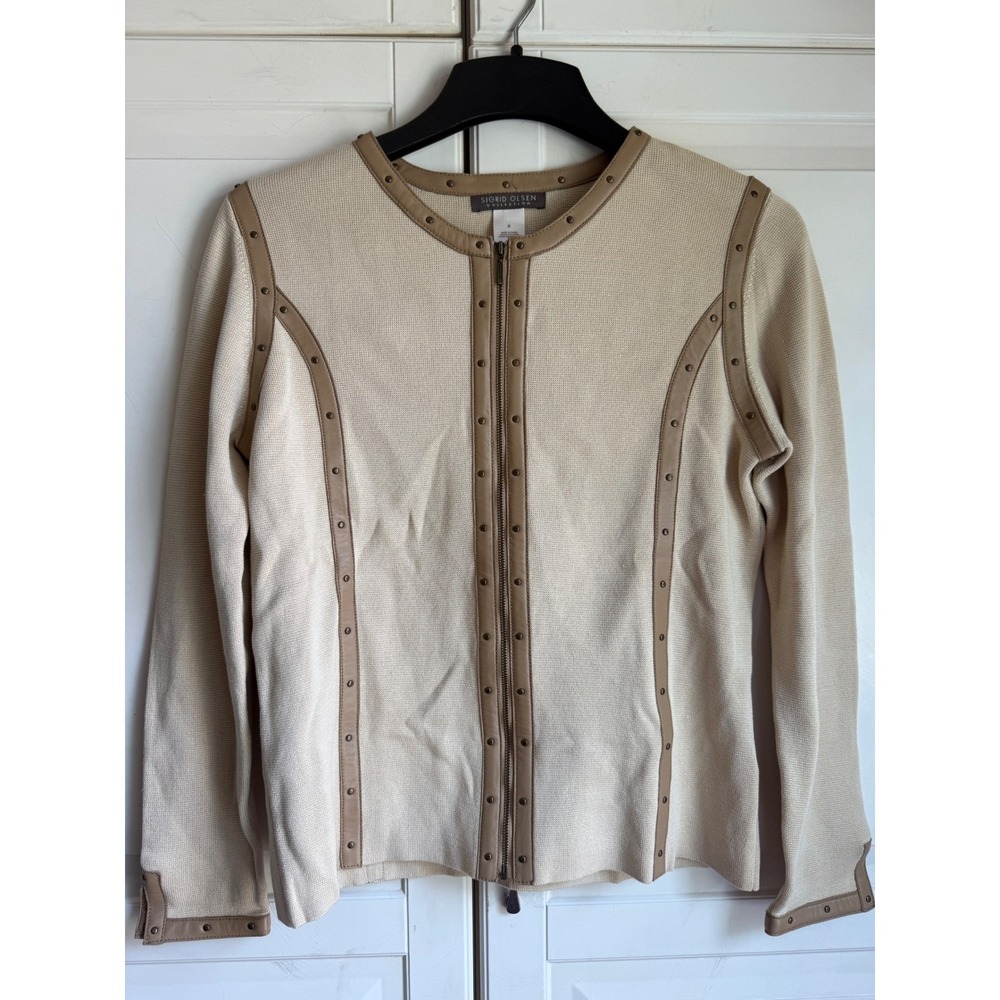 Sigrid Olsen Collection Silk Cotton Zip Cardigan Studded Leather Trim Cream S